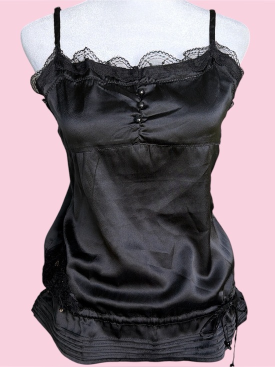 European Culture Tops - Black euro satin lace trim drop waist cami top with waist tie